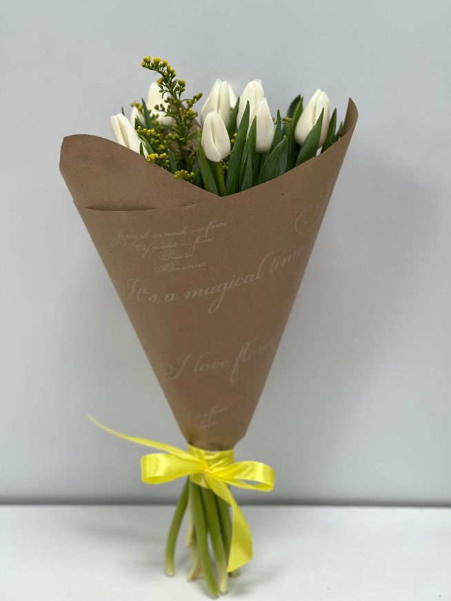 11 тюльпанов и солидаго (5 букетов)