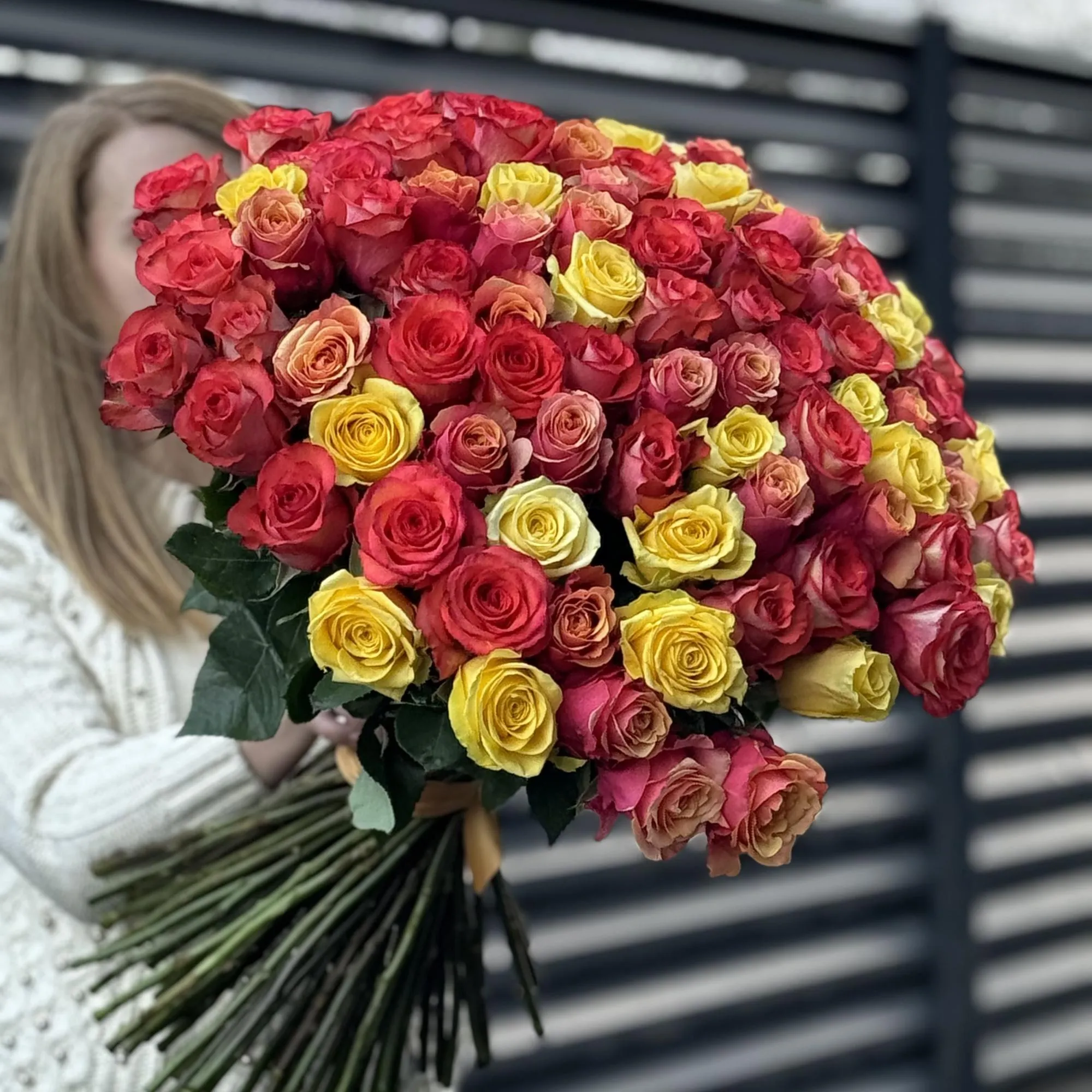 Букет 101 красно-желтый микс роз эквадор (70см)