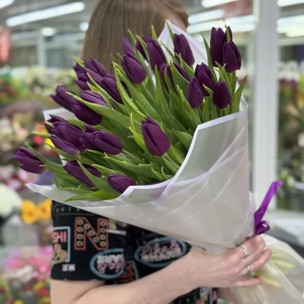 23 бордово-фиолетовых тюльпанов