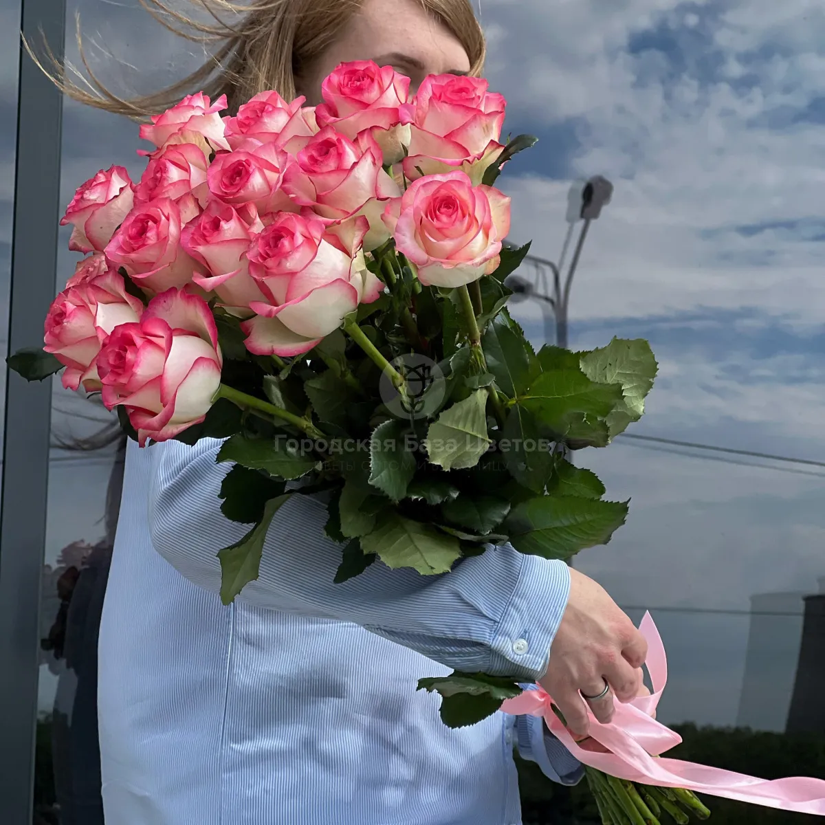 15 бело-розовых роз (70 см)