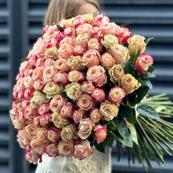 Букет 101 бело-розовая роза эквадор (70см)