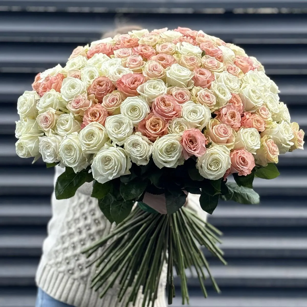 Букет 101 бело-персиковый микс роз эквадор (70см)