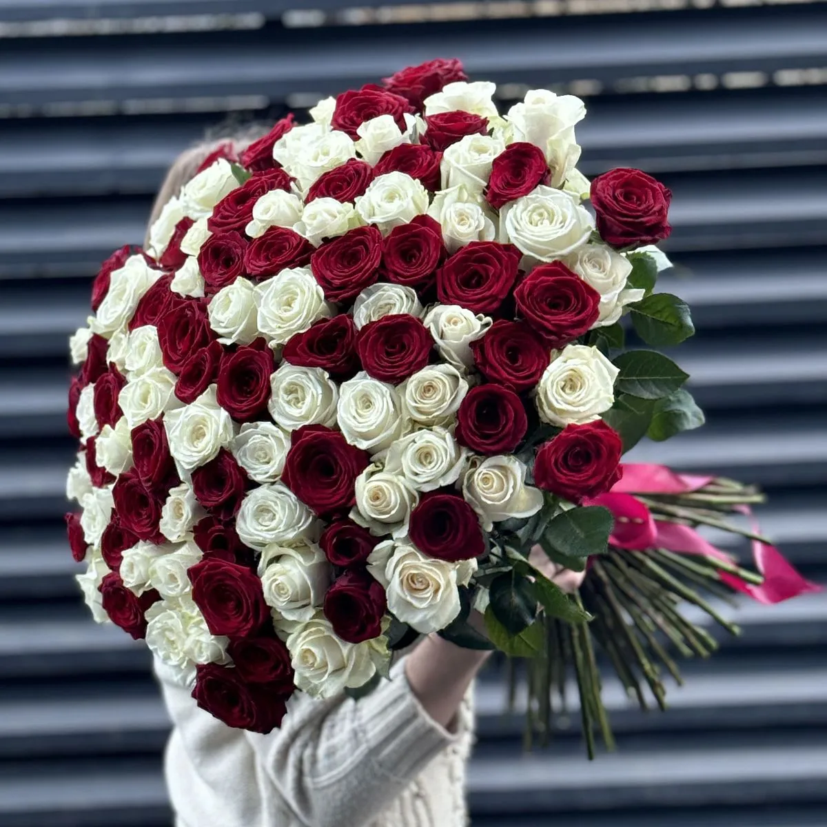 Букет 101 красно-белый микс роз эквадор (70см)