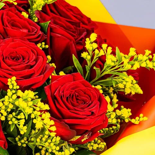 Букет из 15 роз и солидаго