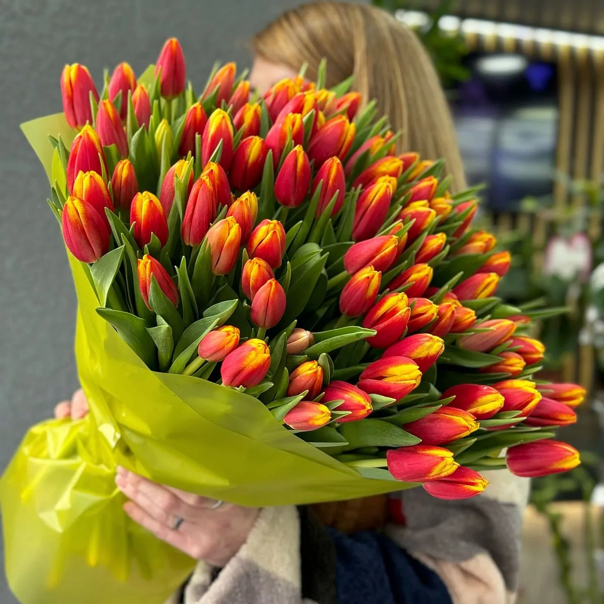 87 красно-жёлтых тюльпанов