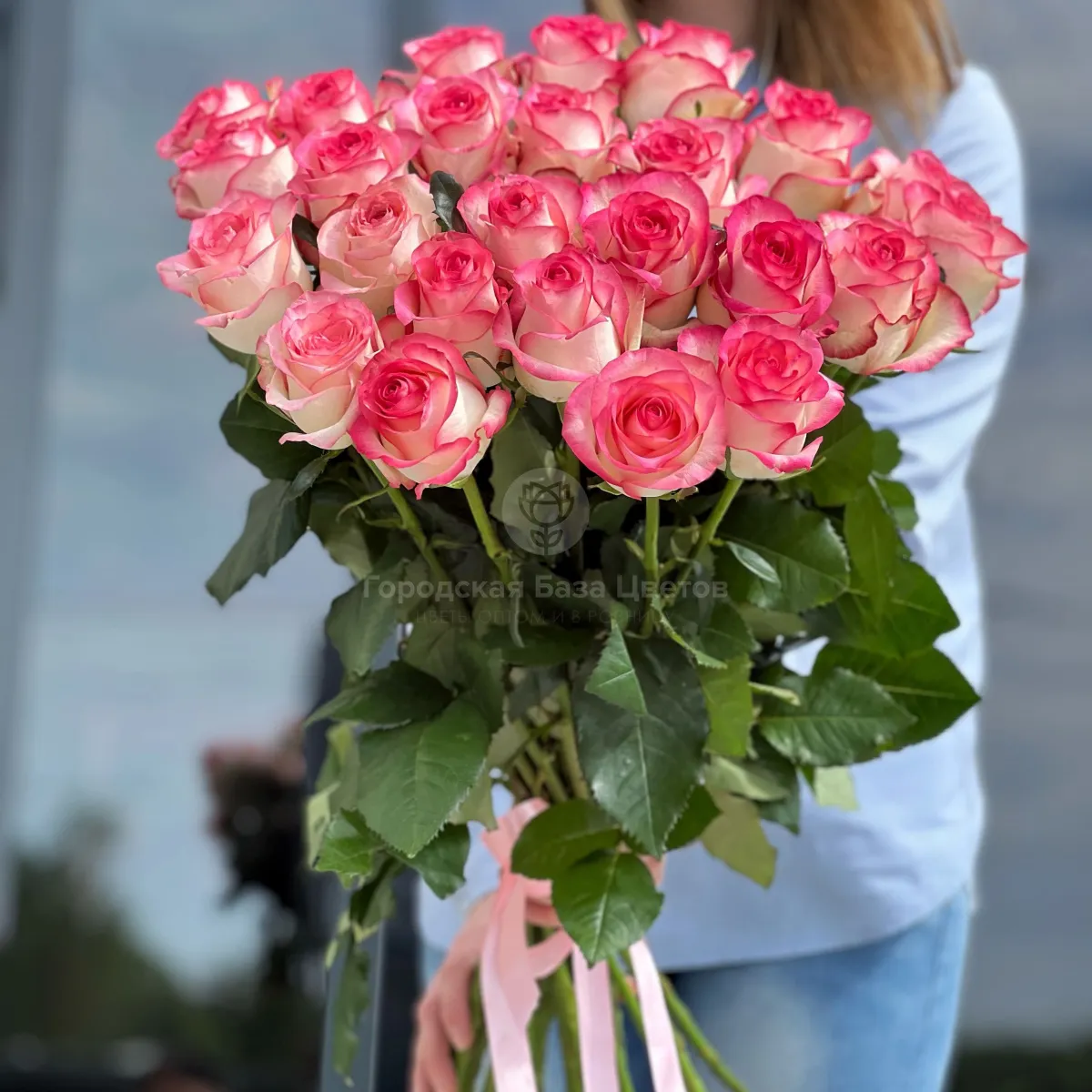 27 бело-розовых роз (60 см)