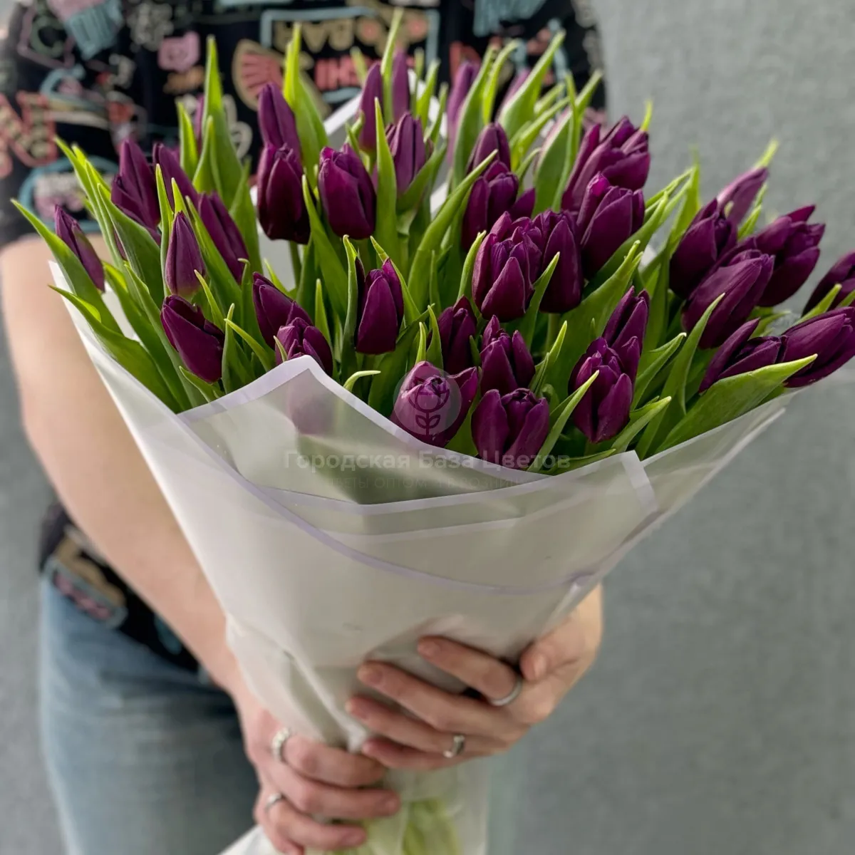 35 бордово-фиолетовых тюльпанов